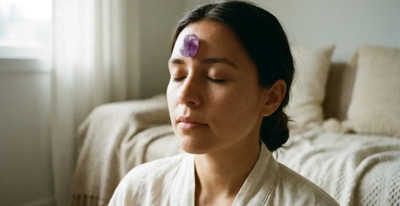 Persona in meditazione con ametista posizionata sulla fronte, atmosfera spirituale
