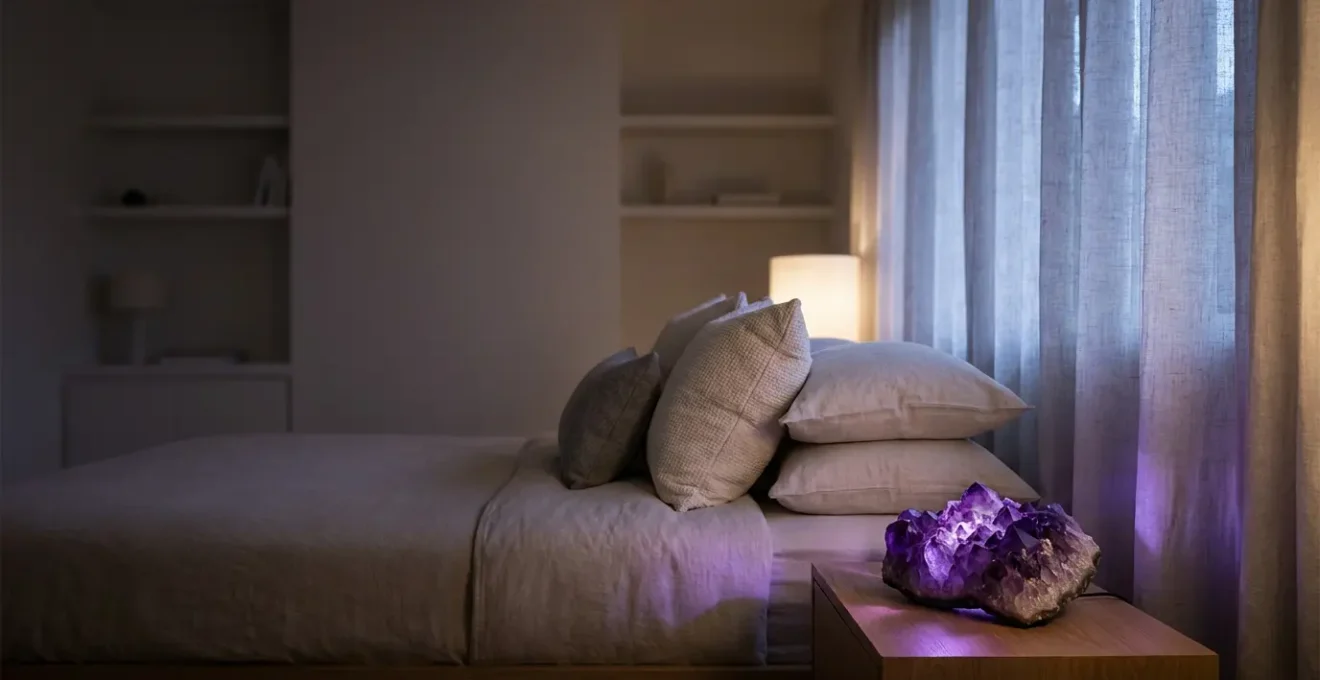 Cristallo di ametista viola luminoso su comodino con atmosfera notturna rilassante