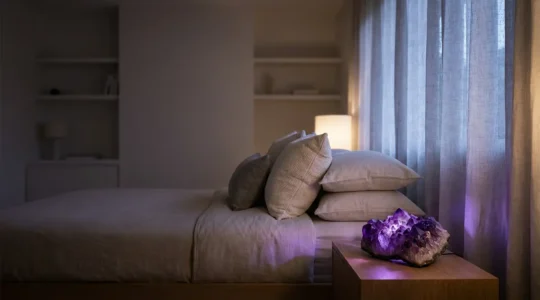 Cristallo di ametista viola luminoso su comodino con atmosfera notturna rilassante