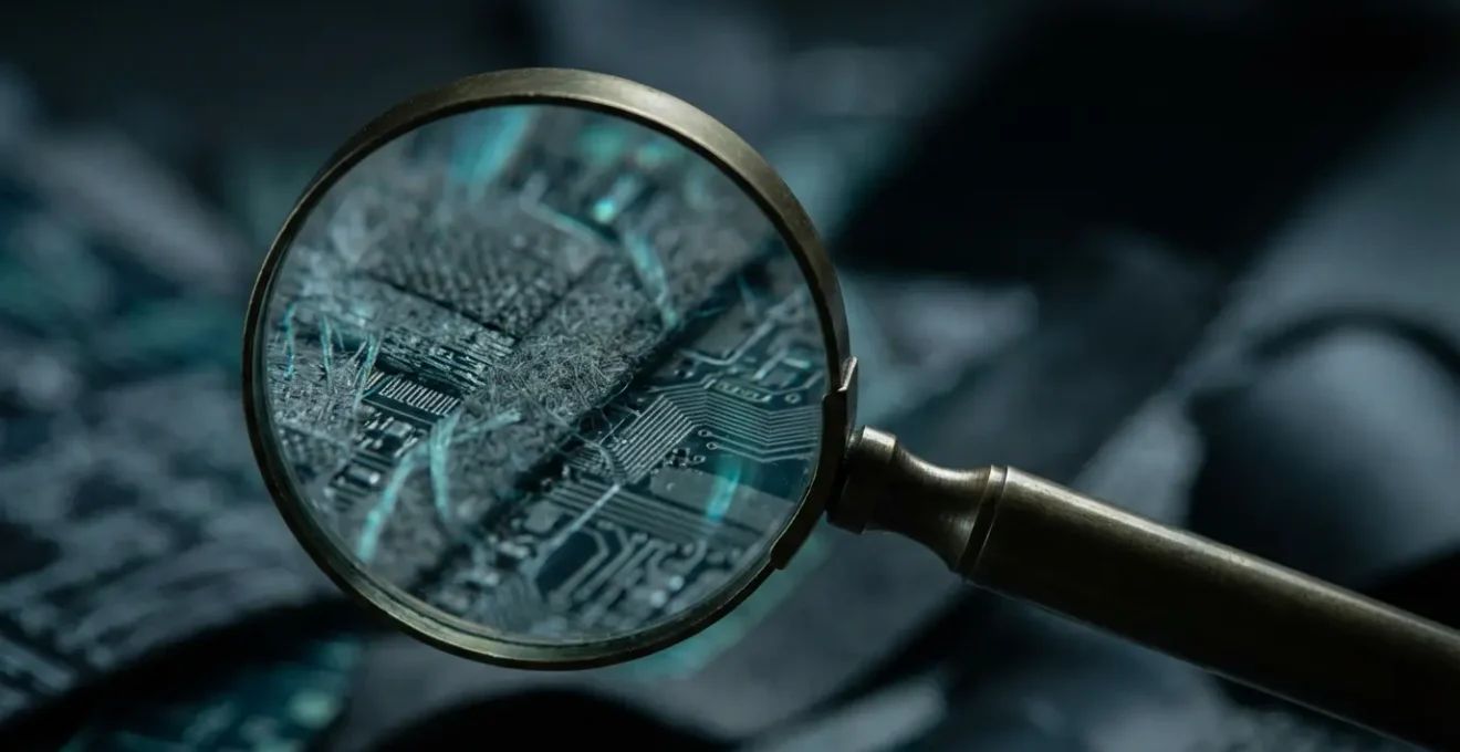 Dettaglio macro di schermo con recensioni sfocate e lente di ingrandimento che mostra texture