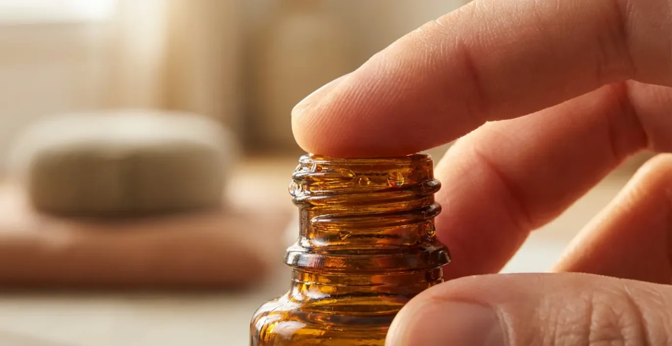 Mani che tengono una boccetta di olio essenziale durante la meditazione