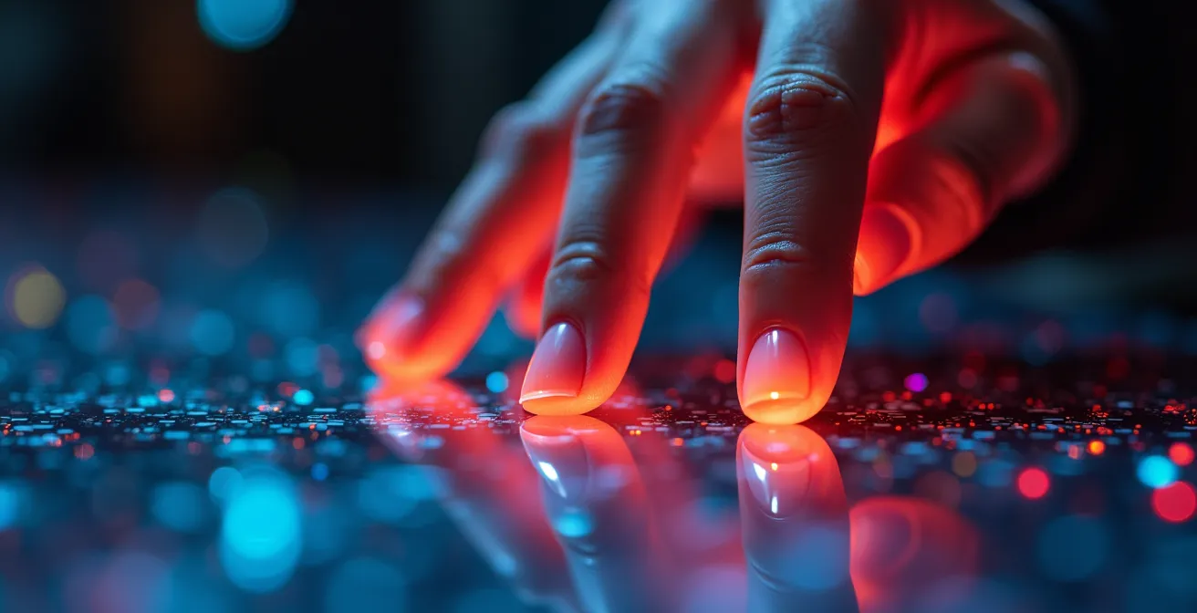 Vista macro di dita che sfiorano uno schermo con pattern astratti colorati