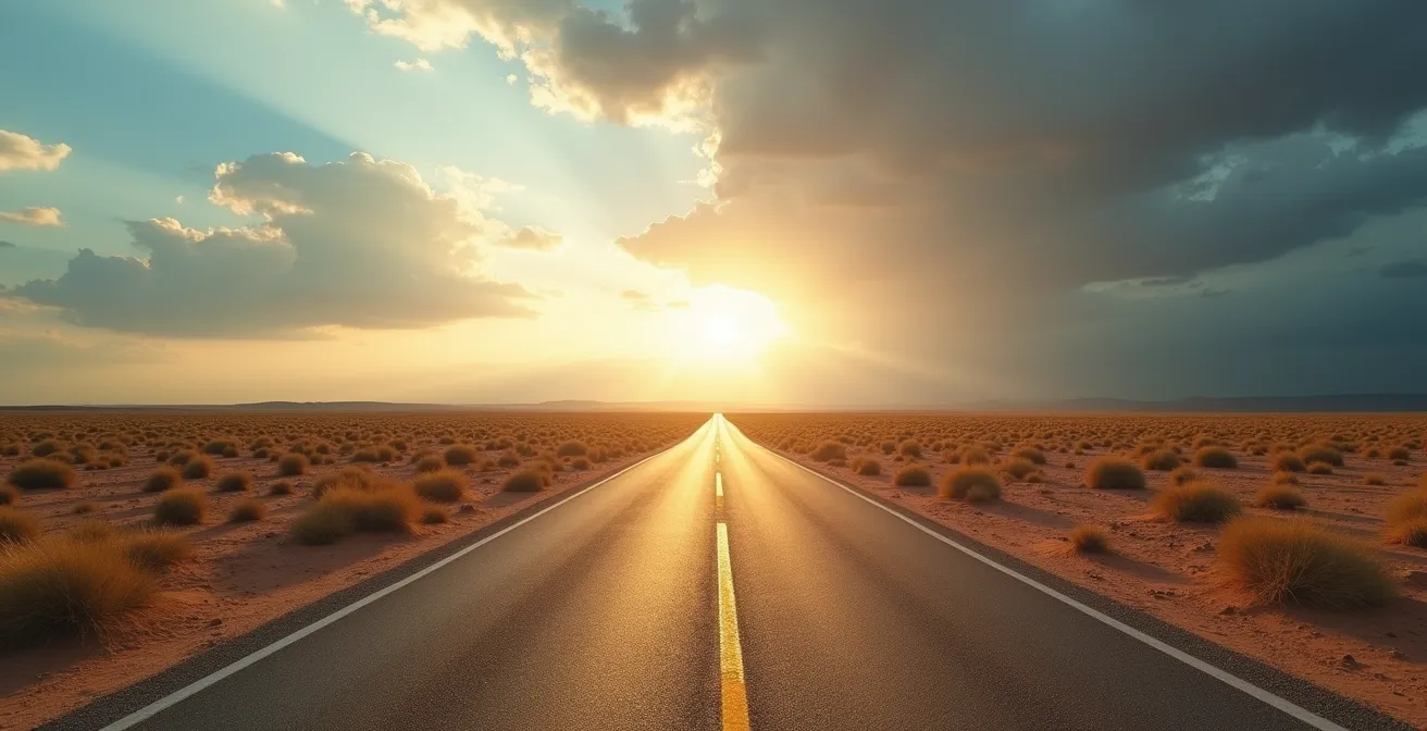 Vista panoramica di un paesaggio aperto con strada che si biforca all'orizzonte sotto cielo drammatico