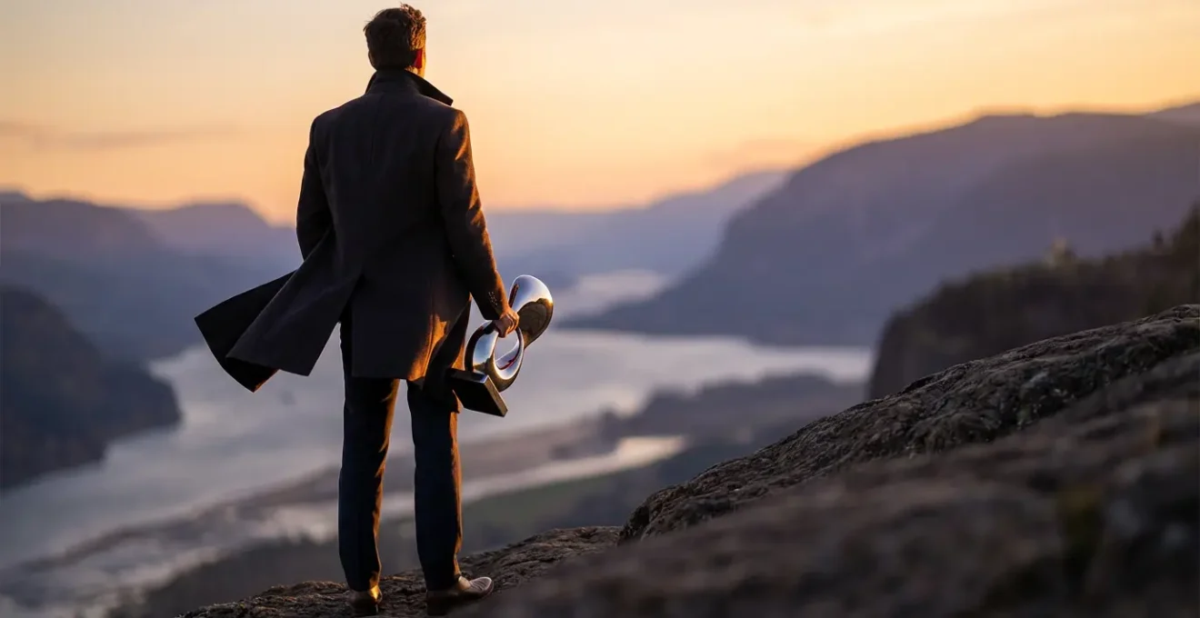 Professionista in piedi su una roccia al tramonto con mantello che svolazza nel vento