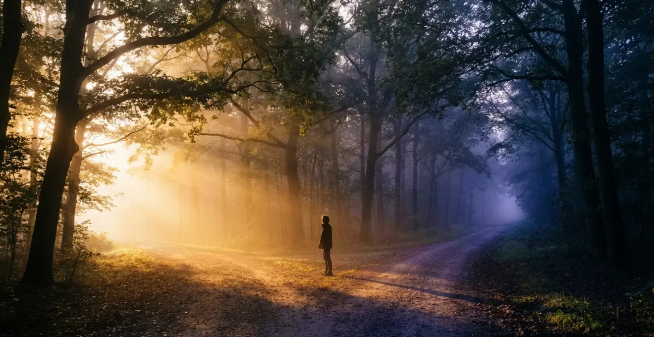 Persona a un bivio simbolico tra due sentieri luminosi in ambiente naturale