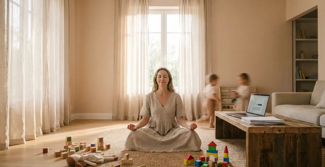 Madre in meditazione con bambini che giocano e laptop aperto, atmosfera serena e zen