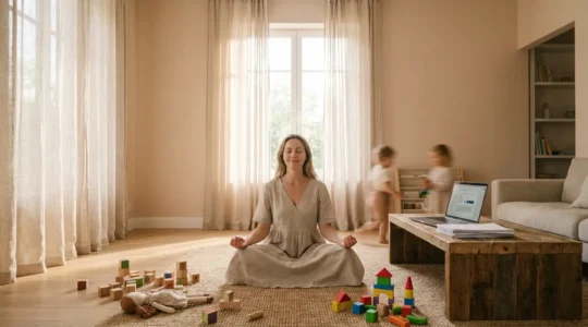 Madre in meditazione con bambini che giocano e laptop aperto, atmosfera serena e zen