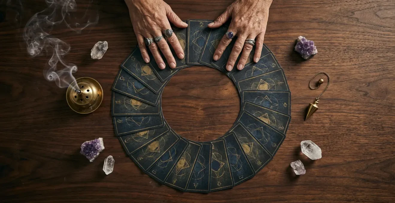 Mani che dispongono carte dei tarocchi in uno schema circolare su tavolo di legno scuro