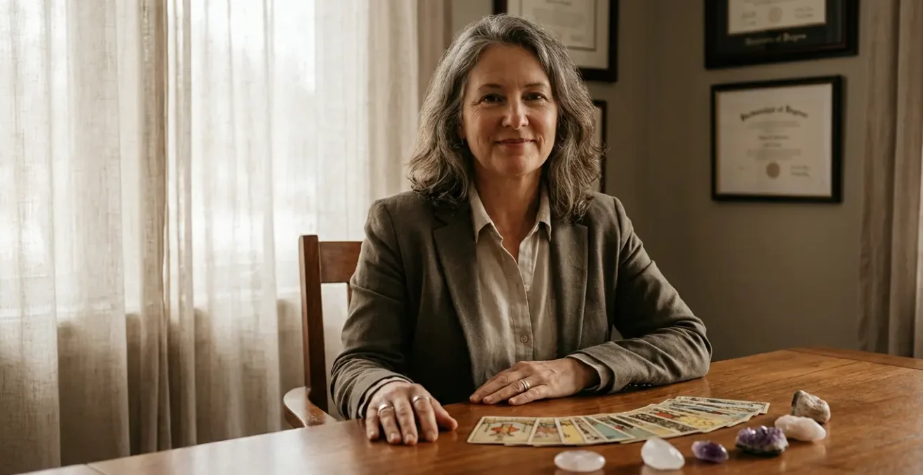 Sensitivo professionista mostra certificazione etica in studio luminoso con carte tarocchi e cristalli