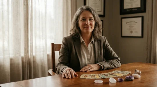 Sensitivo professionista mostra certificazione etica in studio luminoso con carte tarocchi e cristalli