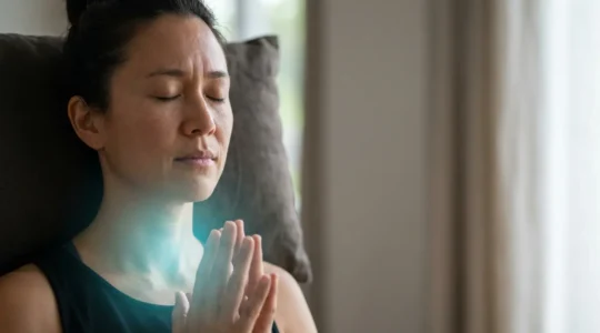 Persona in meditazione con focus sulla zona della gola illuminata da luce azzurra