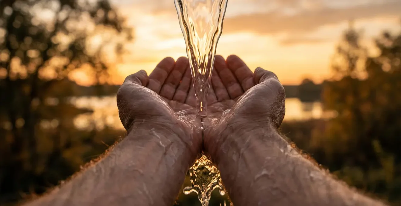 Acqua che scorre tra le mani in movimento fluido e creativo
