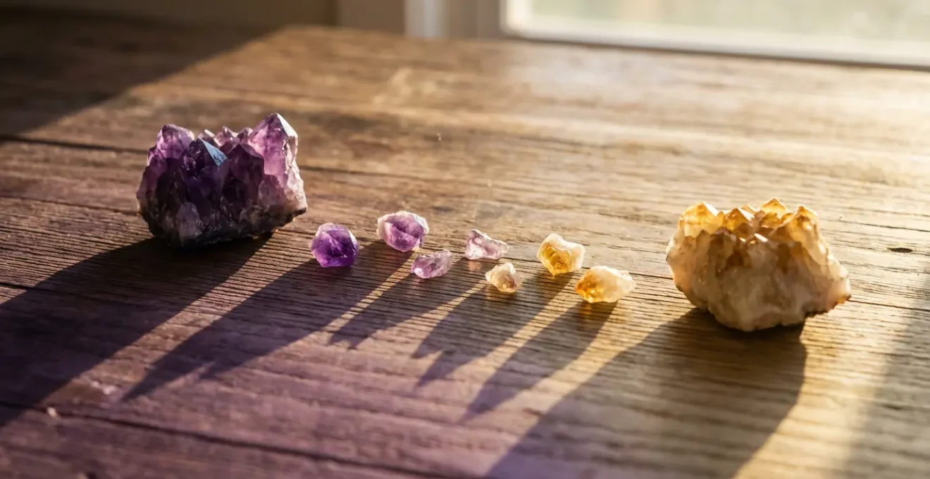 Composizione minimalista con ametista e citrino su scrivania di legno naturale