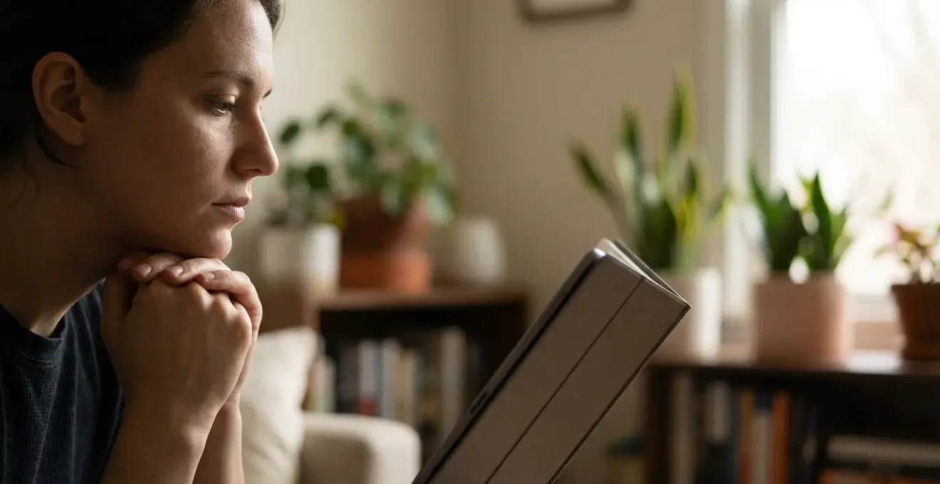 Vista laterale di persona che legge attentamente lo schermo con espressione riflessiva, simboleggiando l'interpretazione dei messaggi.