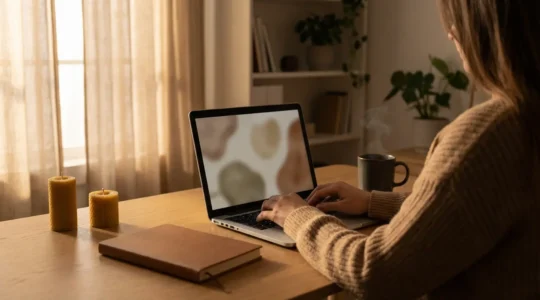 Persona che scrive in chat riservata al computer in ambiente intimo con candele