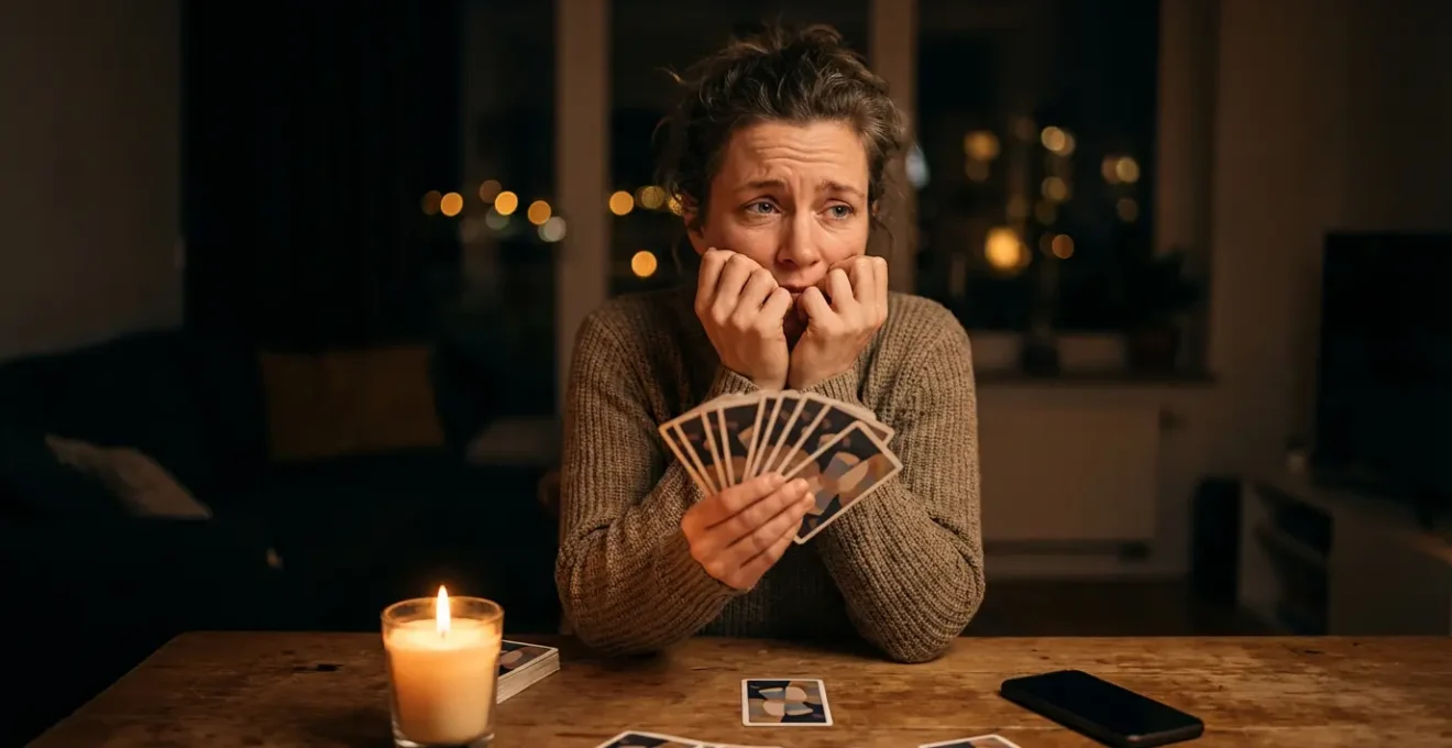 Persona che tiene carte dei tarocchi durante la notte con atmosfera intima