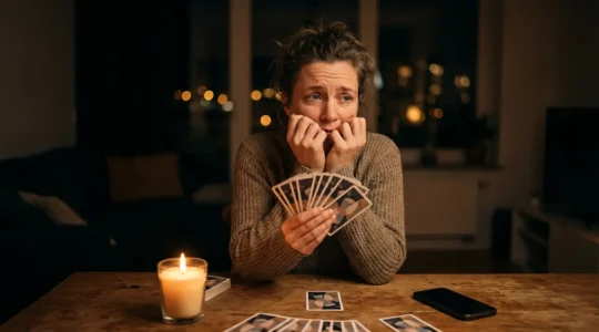 Persona che tiene carte dei tarocchi durante la notte con atmosfera intima