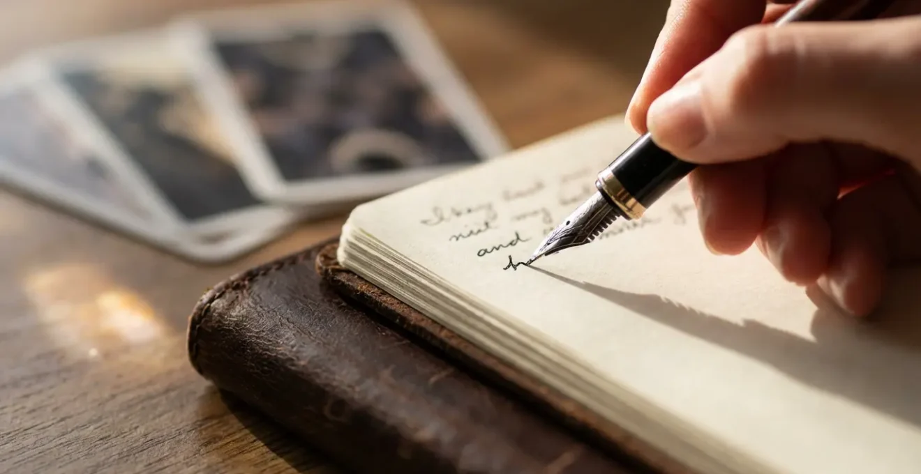 Primo piano di mani che scrivono in un diario accanto a carte disposte sul tavolo