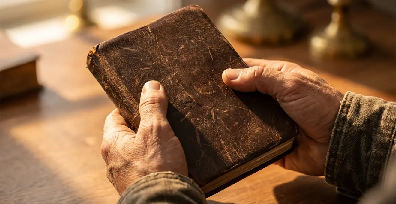 Mani che tengono un diario chiuso con sfondo sfocato di schermo che simboleggia la riflessione scritta.