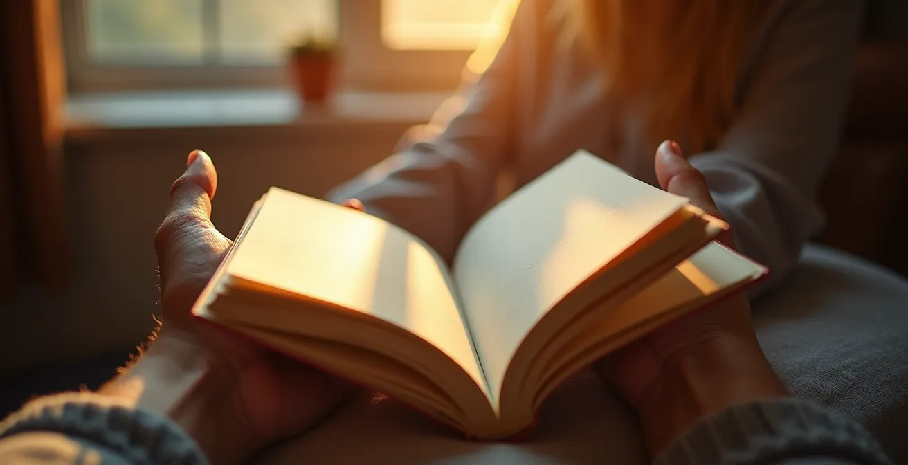 Mani che tengono un diario aperto con luce dorata che filtra attraverso una finestra