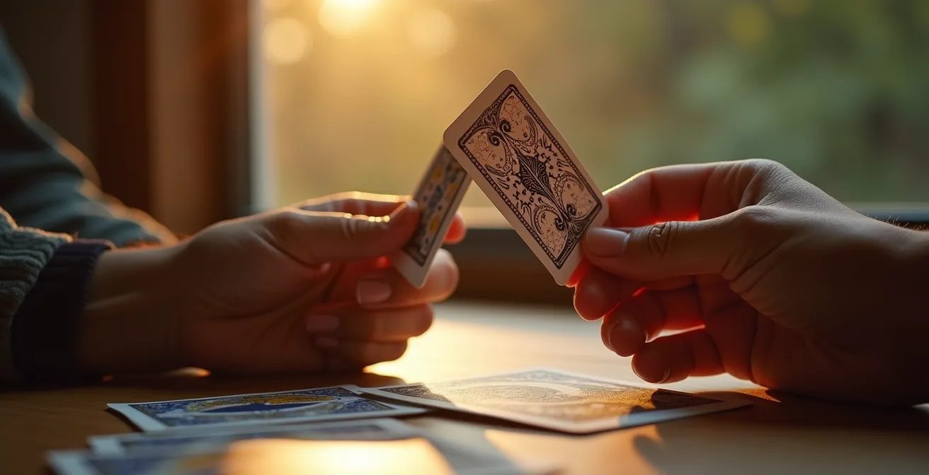 Mani che tengono carte dei tarocchi Due di Coppe e Amanti in atmosfera intima