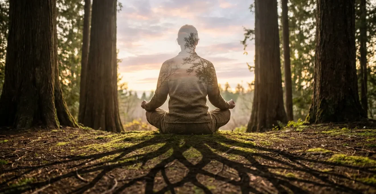 Persona seduta in meditazione con radici che si estendono verso la terra