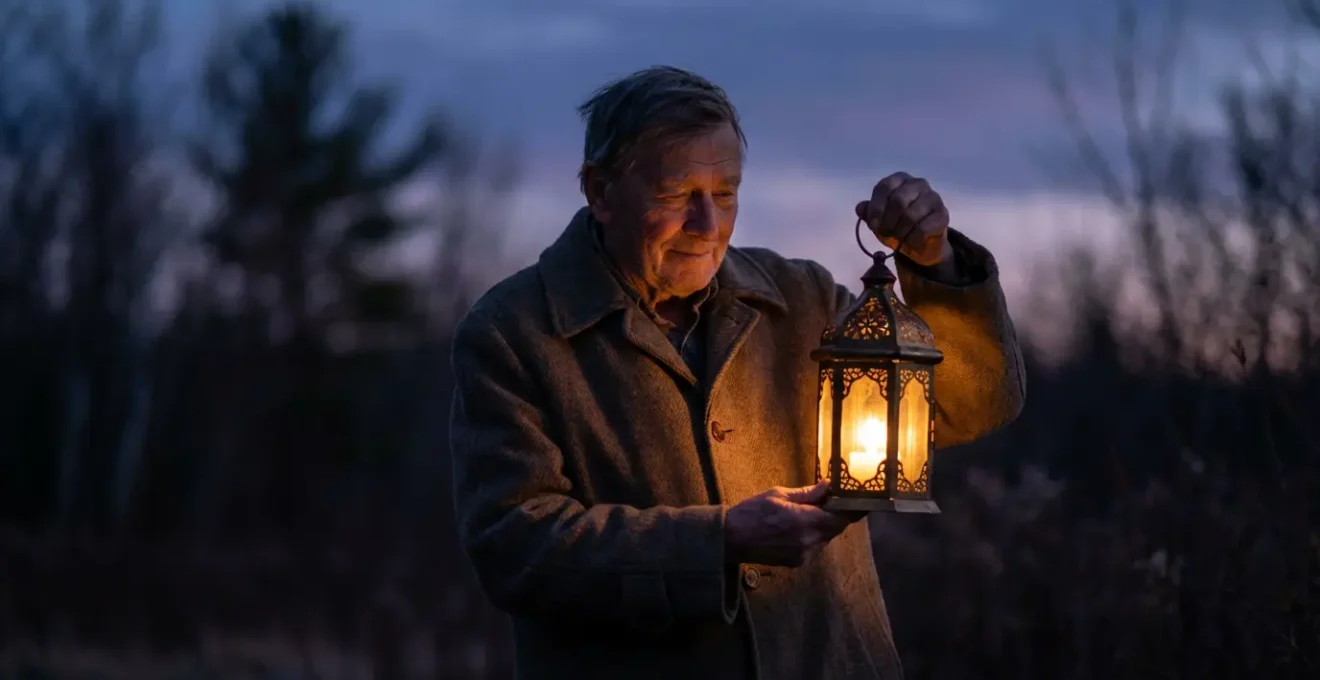 Figura solitaria con lanterna in paesaggio notturno meditativo
