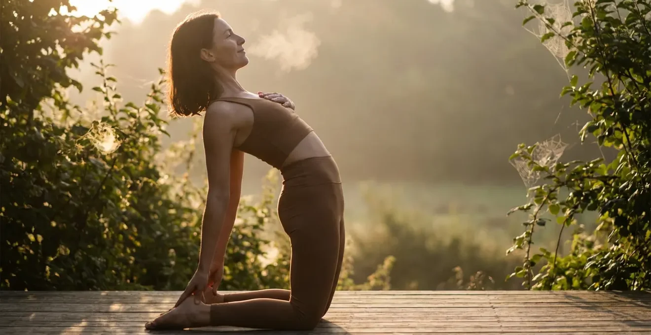 Persona in posizione di apertura del cuore con energia verde che emana dal centro del petto durante yoga all'alba
