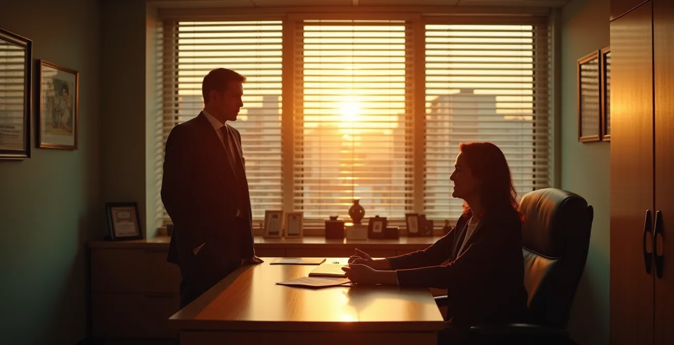 Manager Leone che riceve feedback costruttivo in ambiente privato illuminato