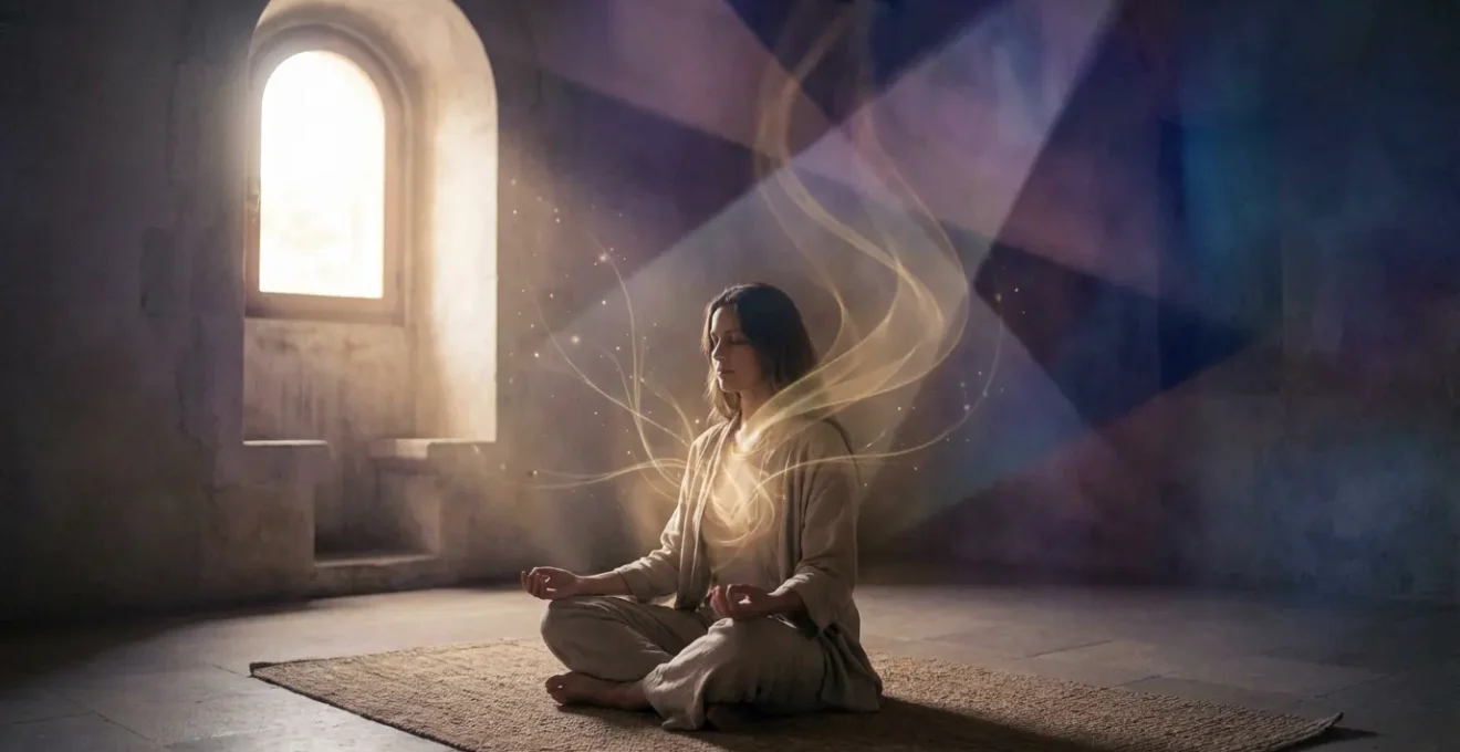 Persona in meditazione con energia luminosa che emana dal cuore in uno spazio sacro