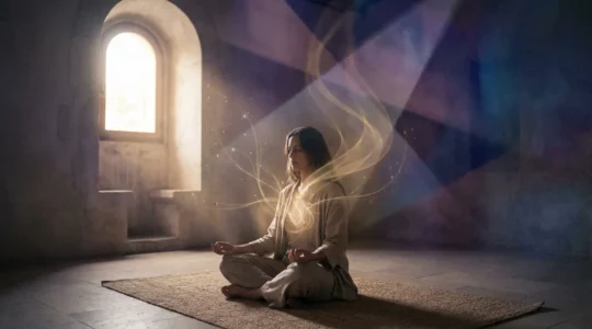 Persona in meditazione con energia luminosa che emana dal cuore in uno spazio sacro