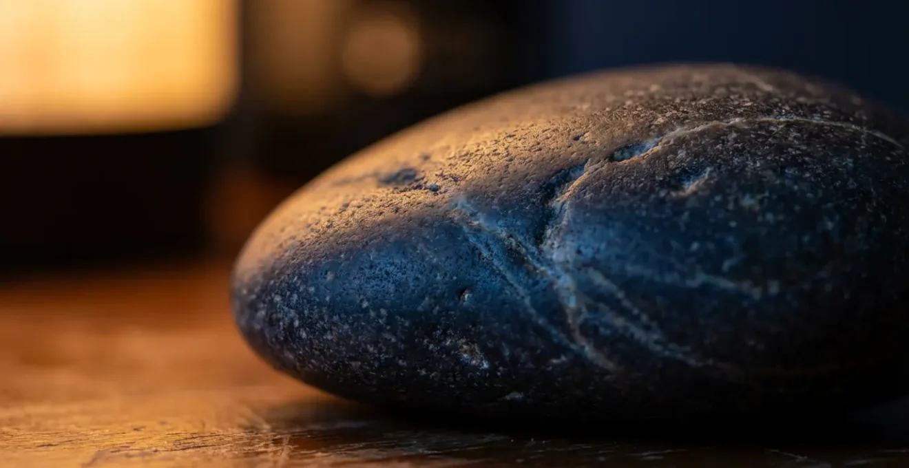 Oggetto simbolico illuminato da una luce soffusa sul comodino, a rappresentare un totem onirico