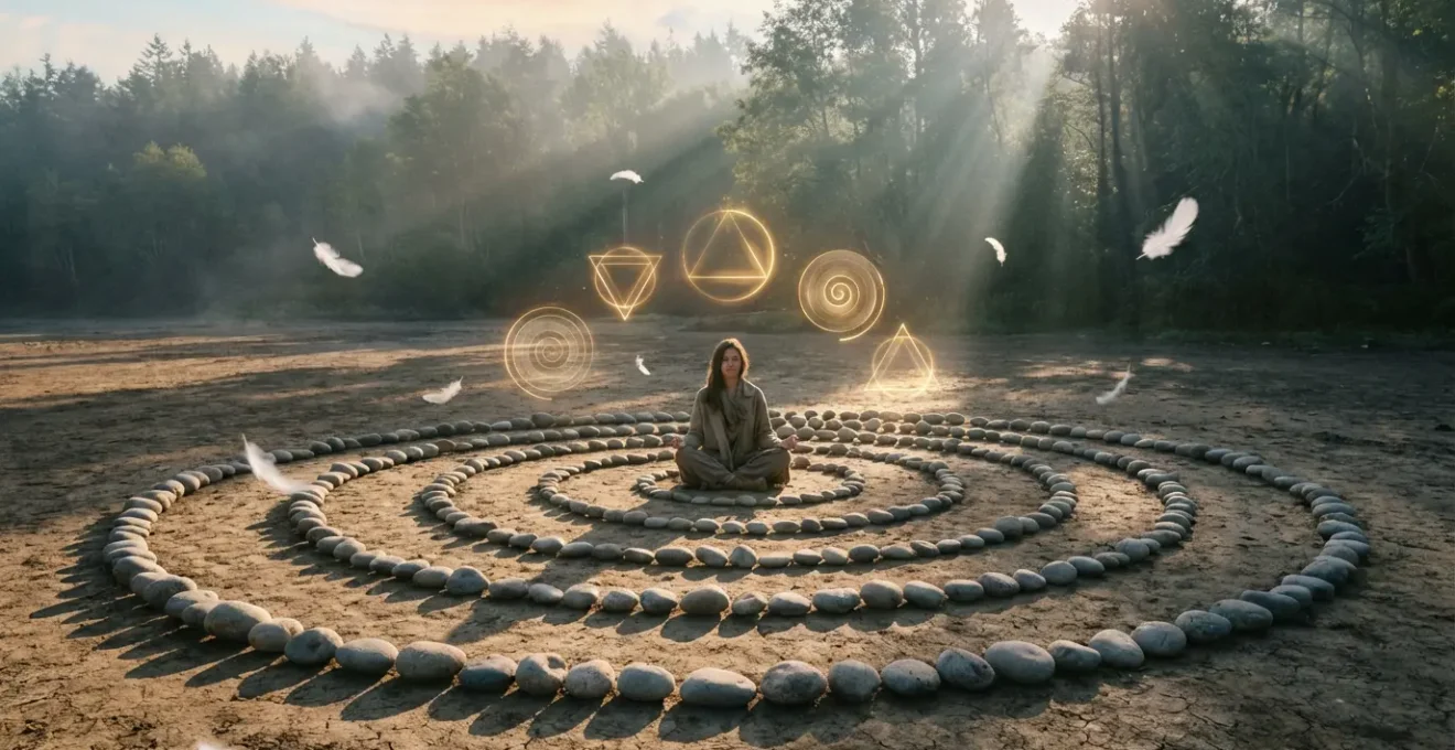 Persona in meditazione circondata da simboli luminosi e numeri dorati sospesi nell'aria