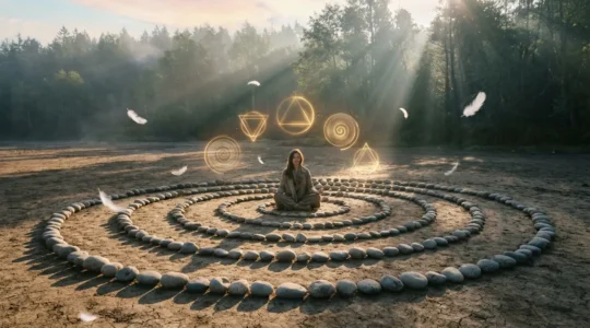 Persona in meditazione circondata da simboli luminosi e numeri dorati sospesi nell'aria