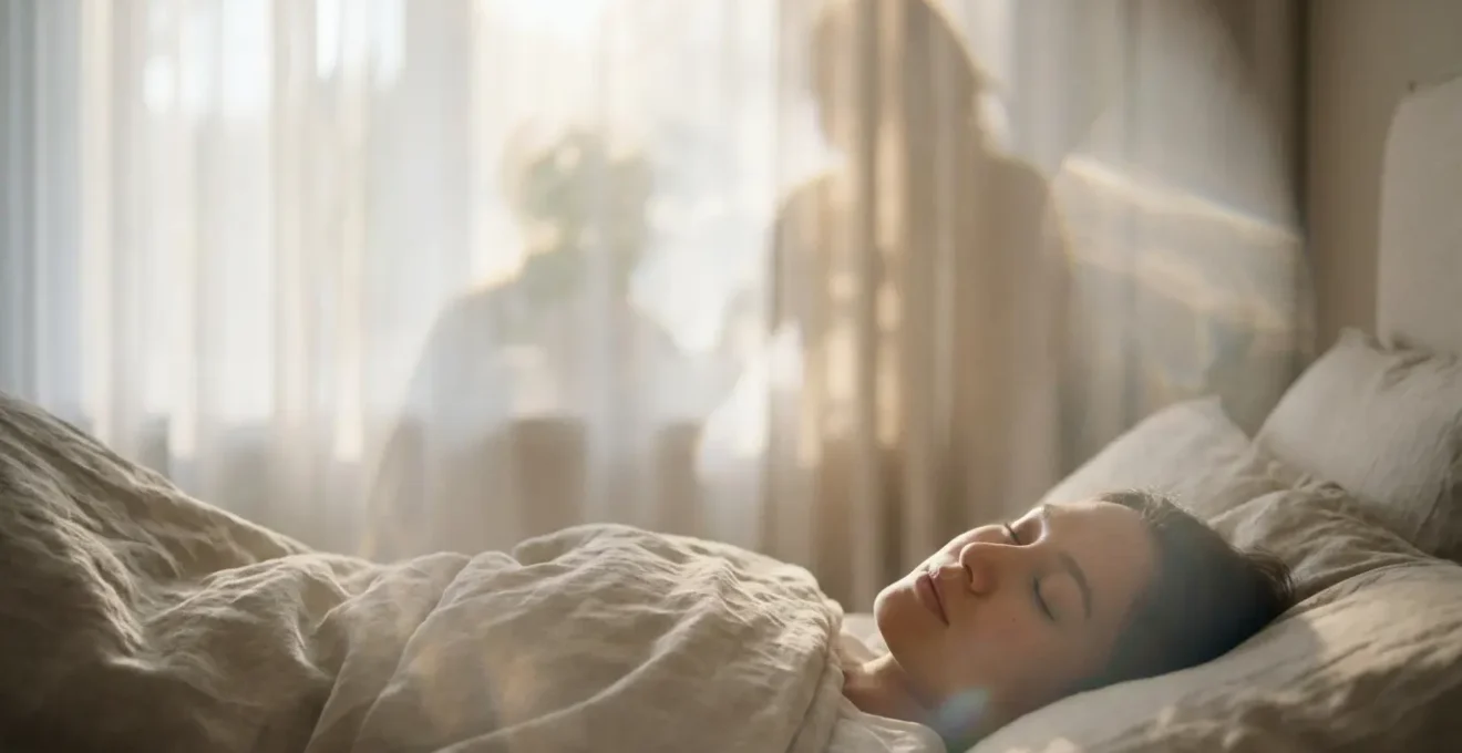 Persona che sogna circondata da luce eterea e figure sfumate in un ambiente onirico