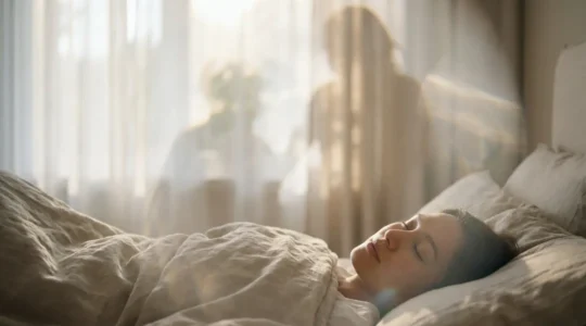 Persona che sogna circondata da luce eterea e figure sfumate in un ambiente onirico