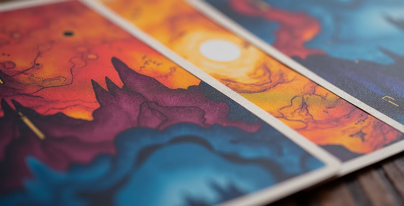 Dettaglio macro di carte con vibranti gradazioni di colore blu, rosso e dorato che creano pattern astratti