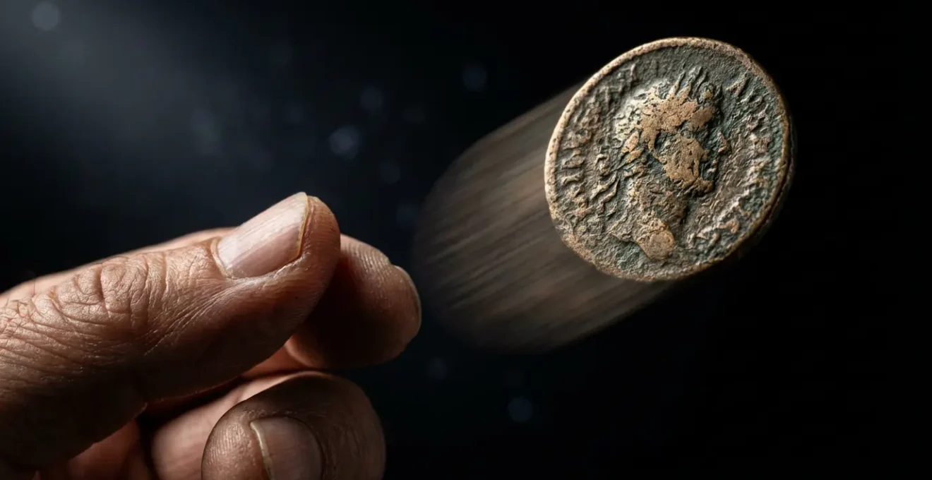 Mano che lancia una moneta in aria catturando il momento della decisione