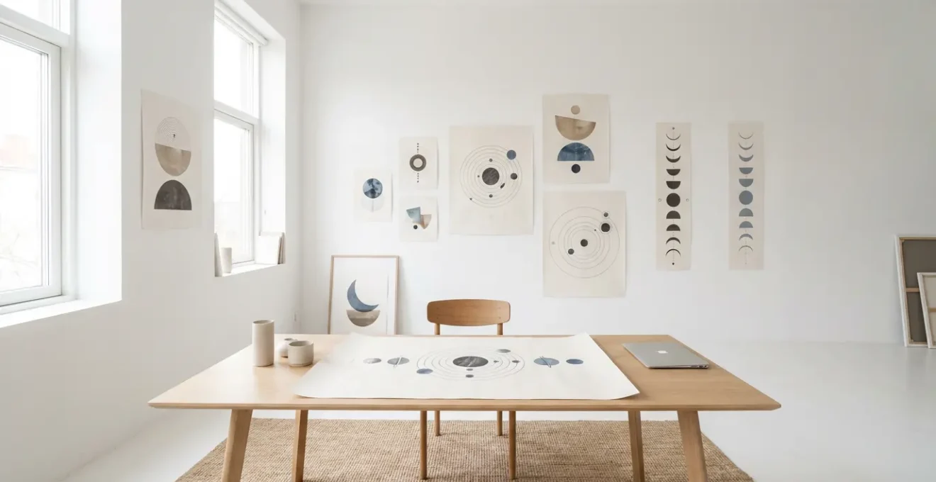 Composizione simbolica minimalista con fasi lunari e orbite planetarie