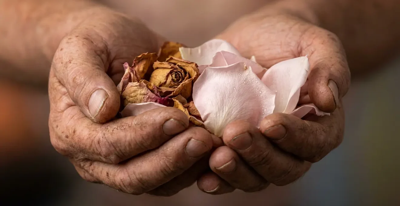 Mani che tengono delicatamente petali di fiori simbolo di accettazione del dolore
