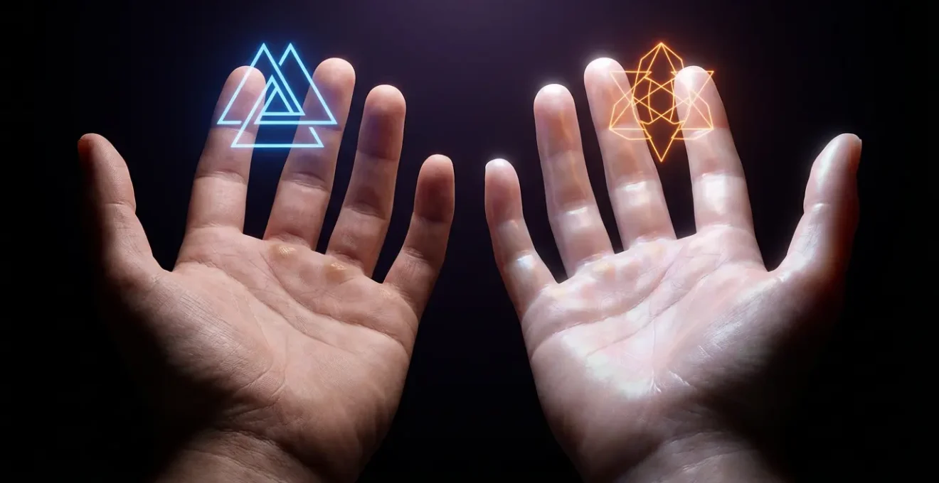 Mani che si trasformano con simboli energetici nel palmo, rappresentando un test di realtà in un sogno lucido.