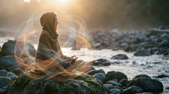 Persona in meditazione circondata da energia luminosa che rappresenta la guarigione interiore