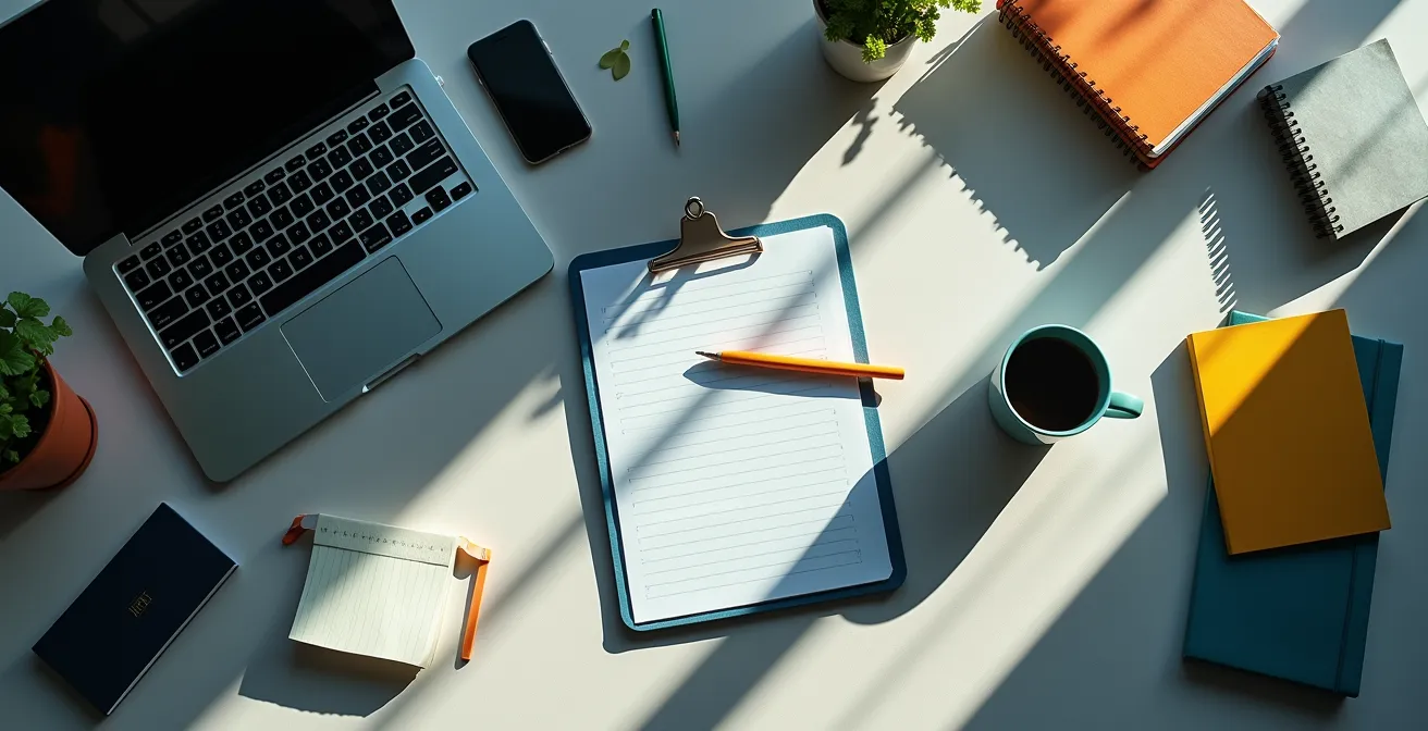 Scrivania ordinata con oggetti di cancelleria disposti simmetricamente