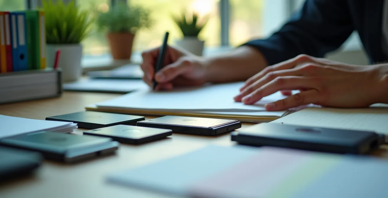 Ufficio sereno durante Mercurio retrogrado con sistemi di backup visibili