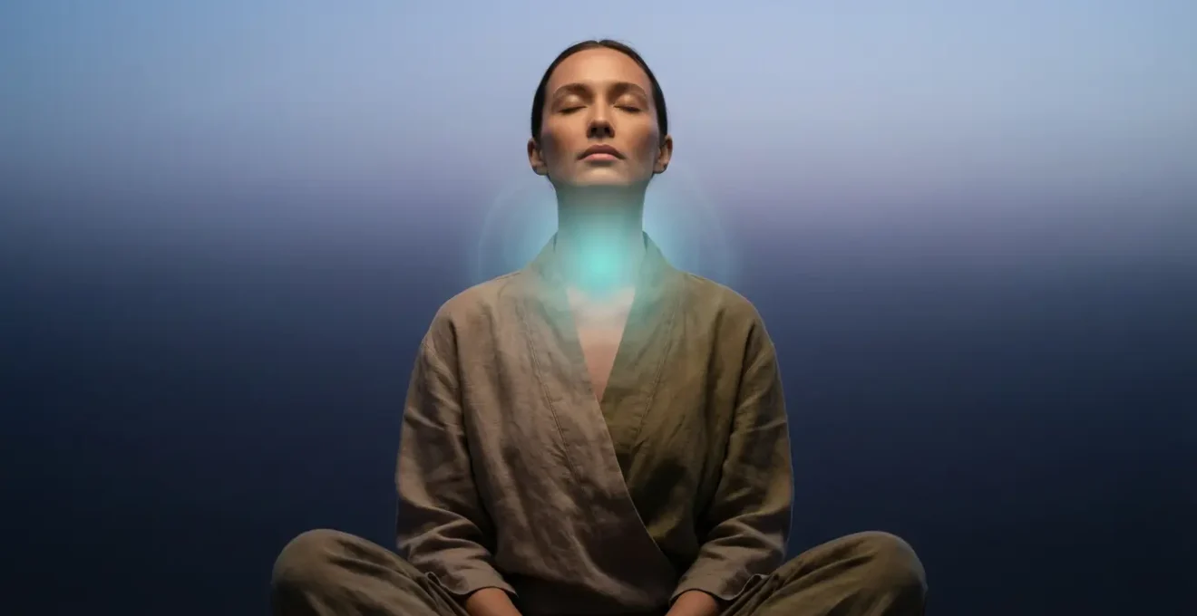Persona in meditazione con energia luminosa turchese intorno alla gola