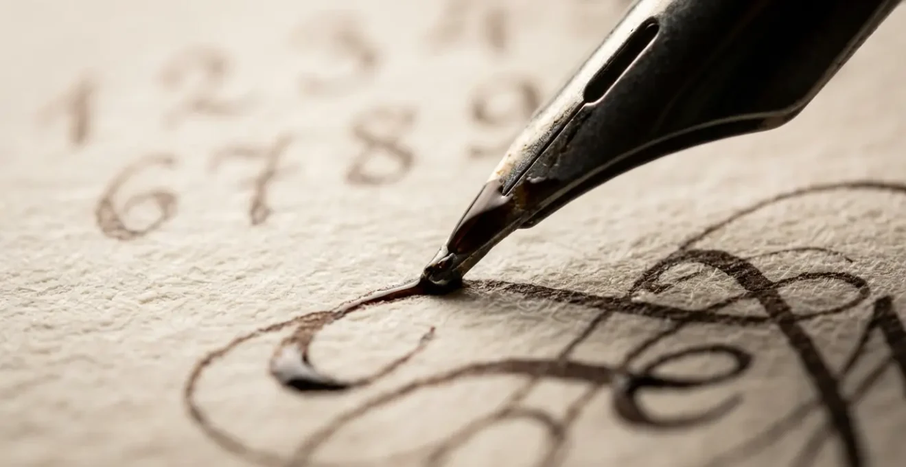 Mani che scrivono diversi nomi artistici su carta con simboli numerologici sfocati