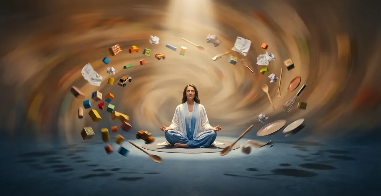 Donna serena al centro di un vortice di oggetti quotidiani in movimento