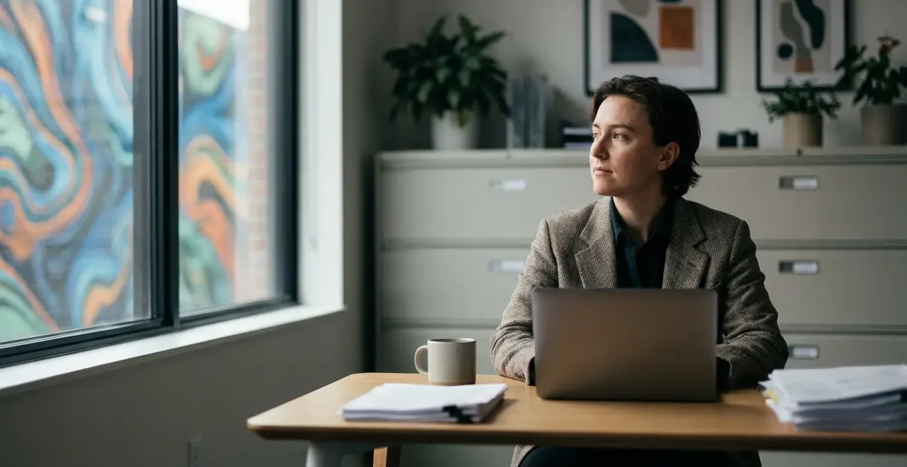 Persona creativa in ufficio che trova ispirazione tra numeri e documenti contabili