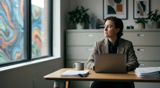 Persona creativa in ufficio che trova ispirazione tra numeri e documenti contabili