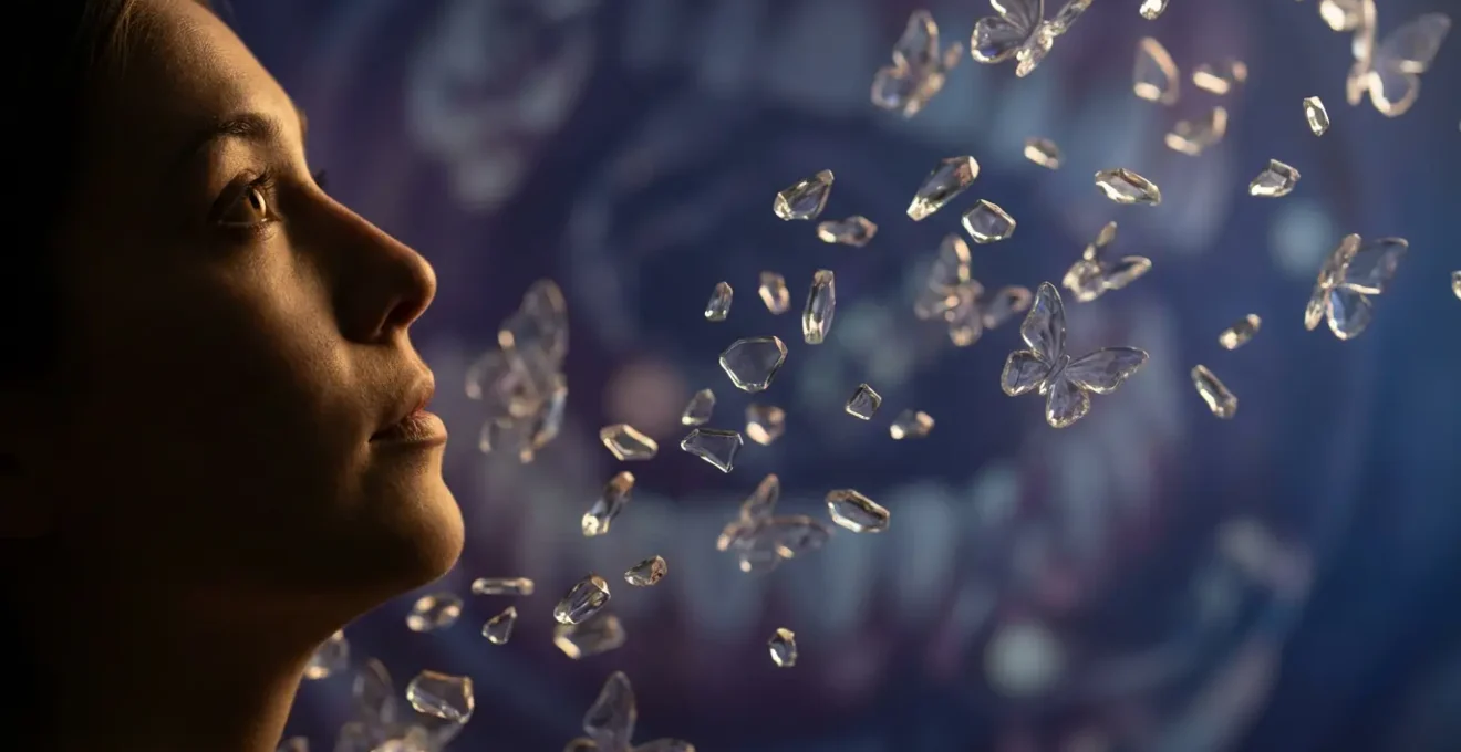 Persona che osserva frammenti sospesi nel vuoto durante un sogno onirico